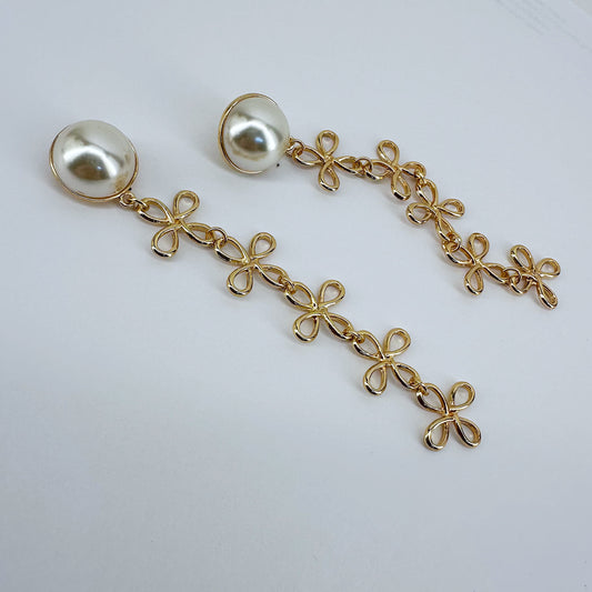 Pearl Post Earring Gold Finish With Clover Long Dangle Design